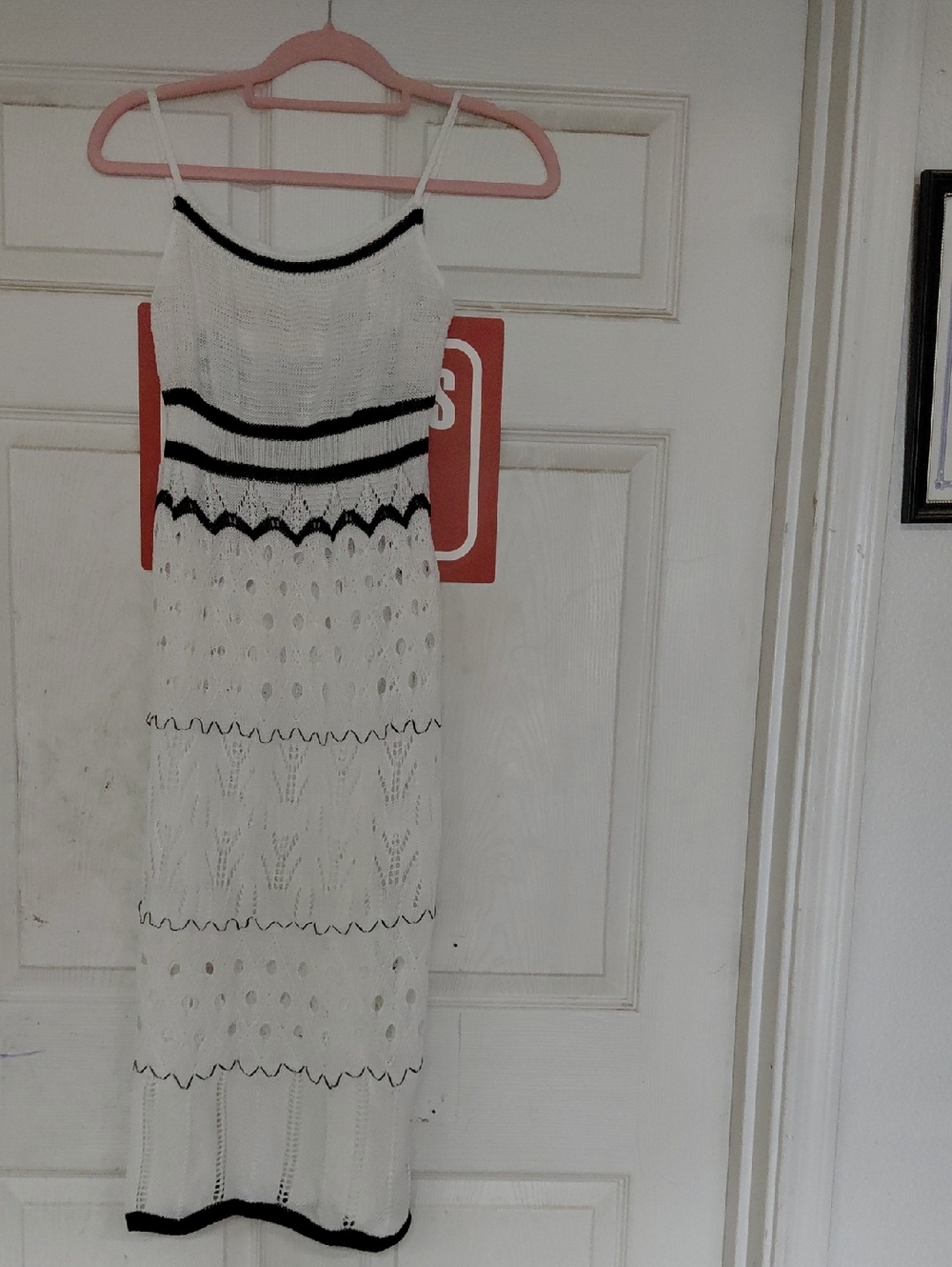 White Crochet Midi Dress with Black Trim - Women Dresses